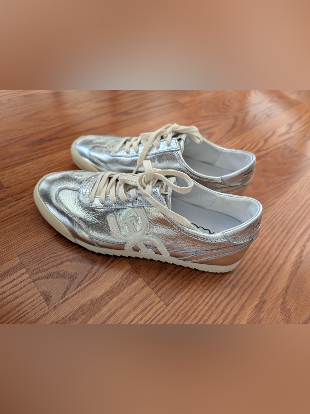 Sam Edelman Metallic Silver Leather Sneakers with Cream Laces